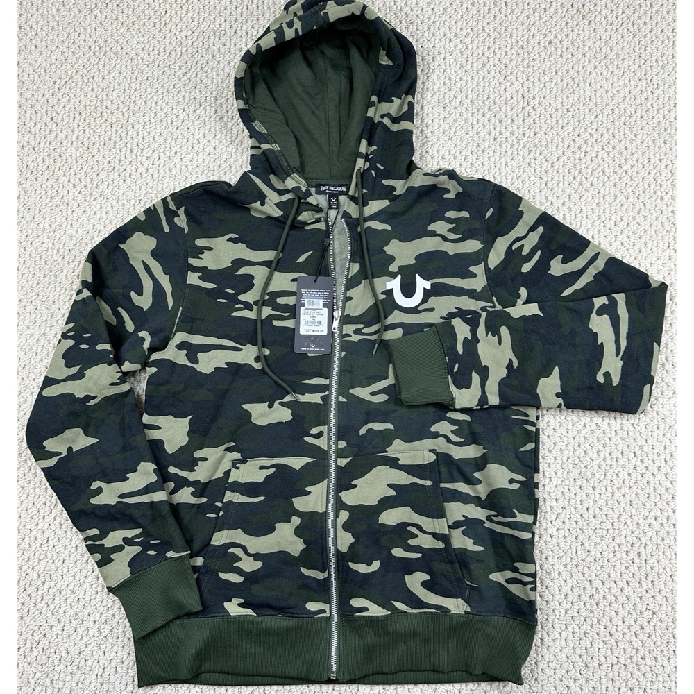True Religion Hoodie Men XL Green Camo HS True Zip Graphic Jacket Drawstring NEW